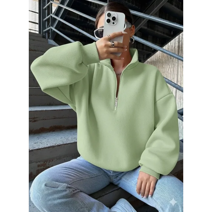 3 iplik Şardonlu yarım fermuarlı sweatshirt mint