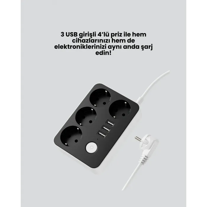 3 USB Çıkışlı 4’lü Akıllı Priz 2500W 2 Metre Kablo