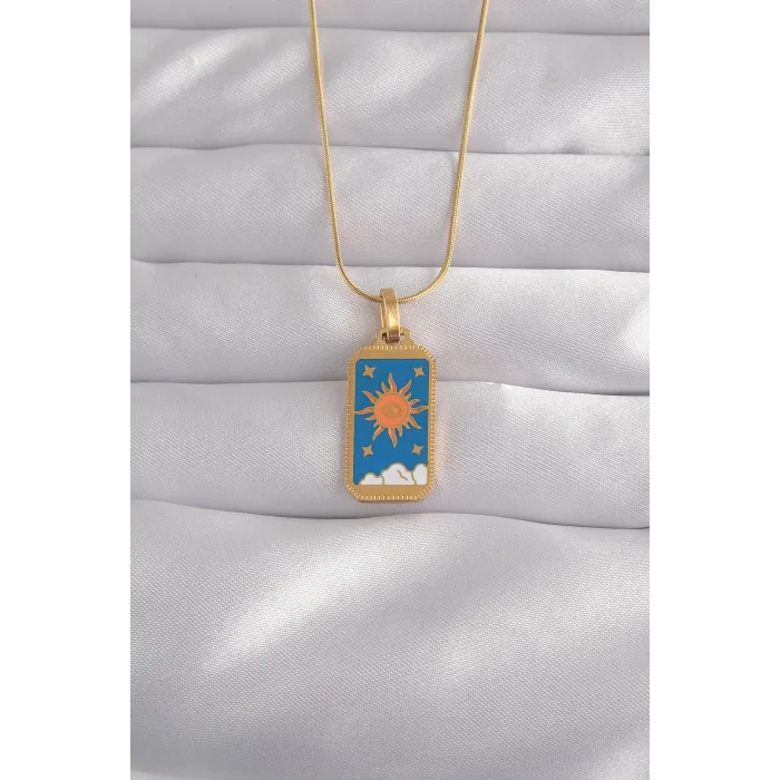 316L Çelik Gold Renk Mavi Mineli Güneş Model Tarot Kolye
