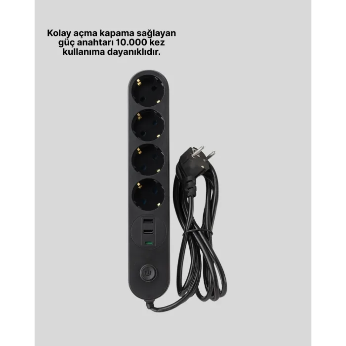 4 Priz 2 USB 1 Type-C Akım Korumalı Çoklu Priz Led Anahtarlı
