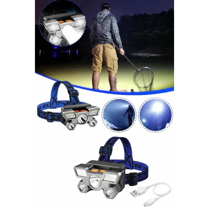 5 LED Far Şarj Edilebilir Güçlü Kafa Lambası Kamp Lambası 4 Modlu