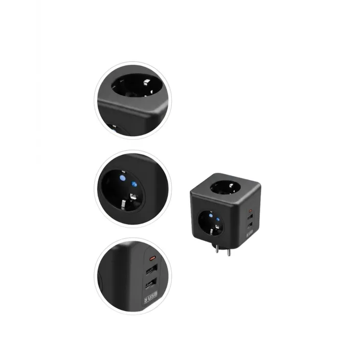 Akım ve Voltaj Korumalı Küp Priz 3 USB Destekli