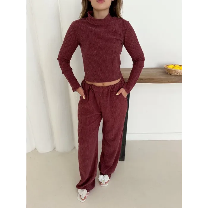 Balıkçı yaka örme takım bordo st265865