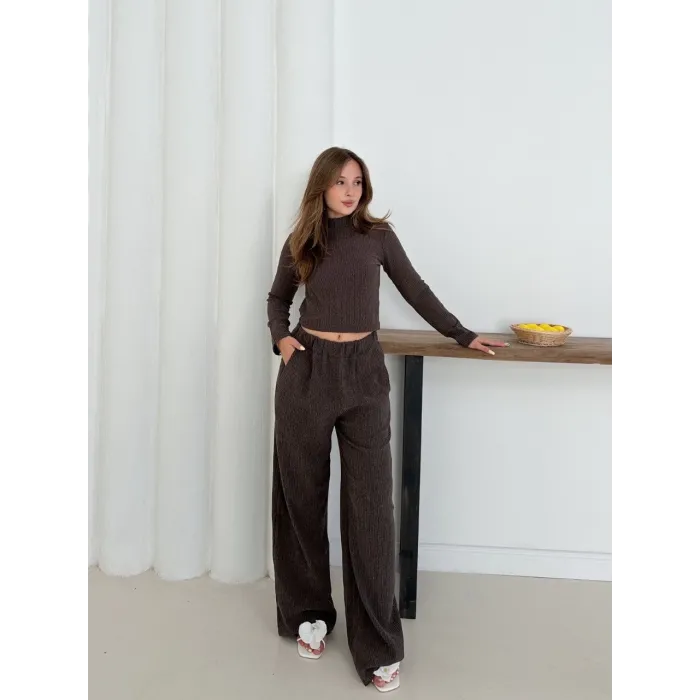 Balıkçı yaka örme takım kahve st265865