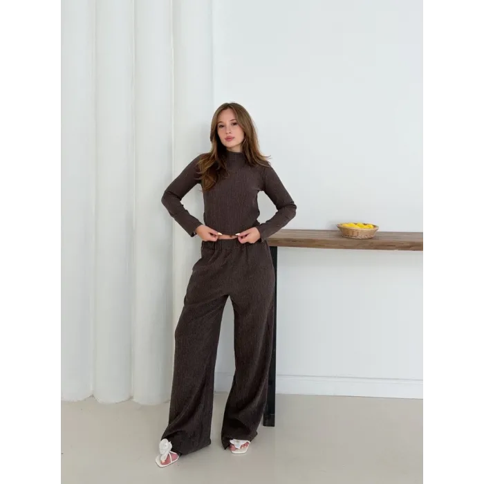 Balıkçı yaka örme takım kahve st265865