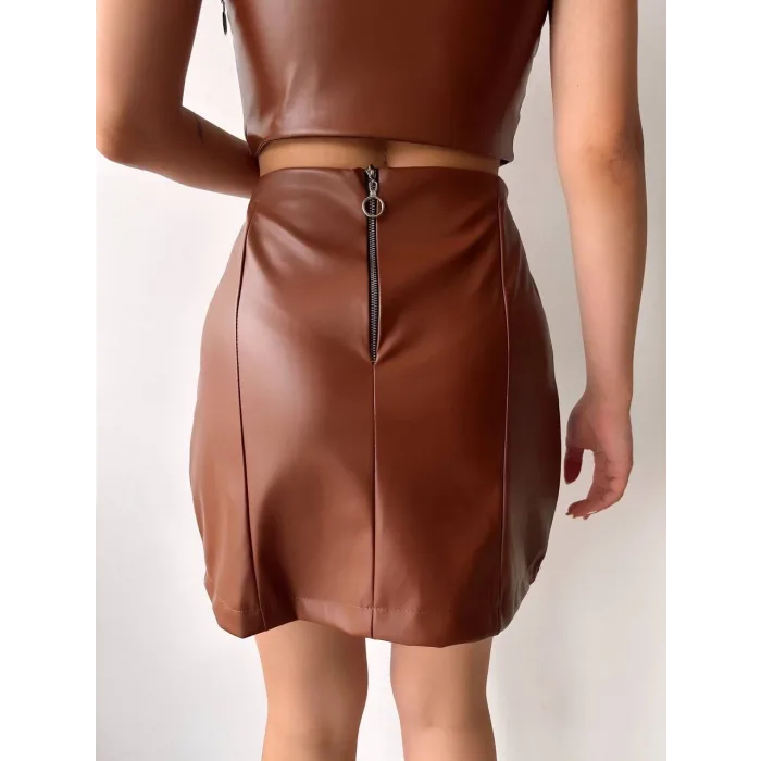 Beş düğmeli oval deri etek kahve h240068