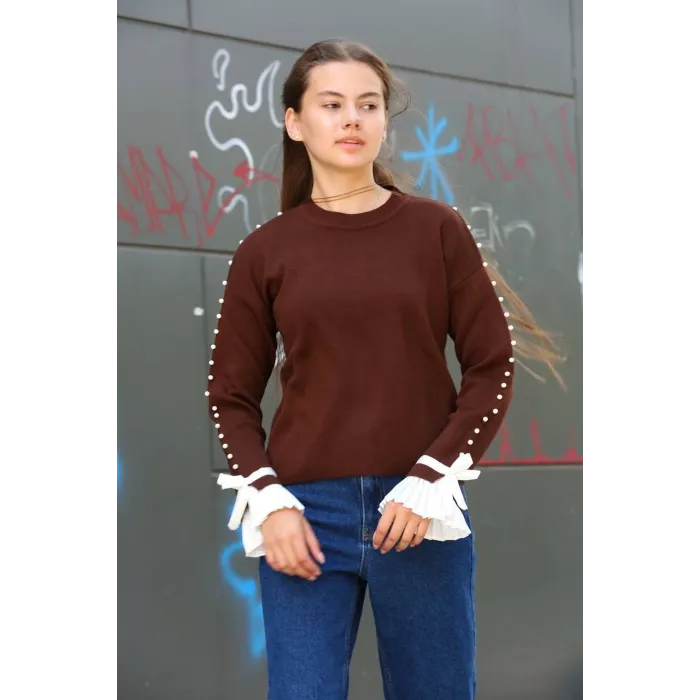 Boncuklu bile detaylı kazak kahve