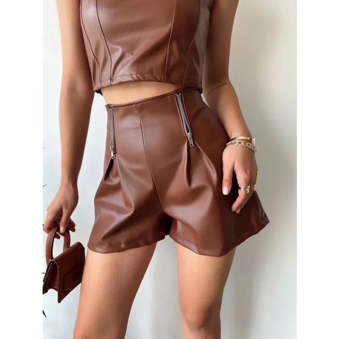 Çift fermuarlı deri şort kahve h24394