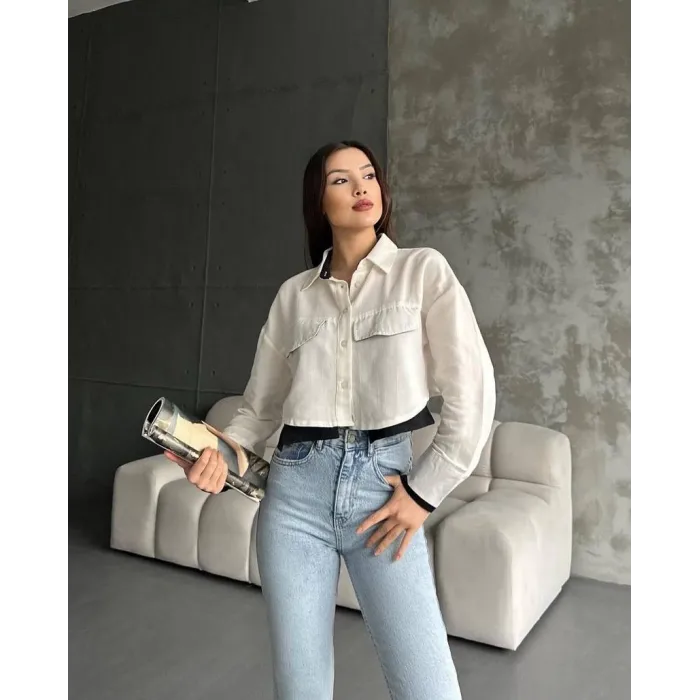 Çift renkli kısa gömlek krem s4021