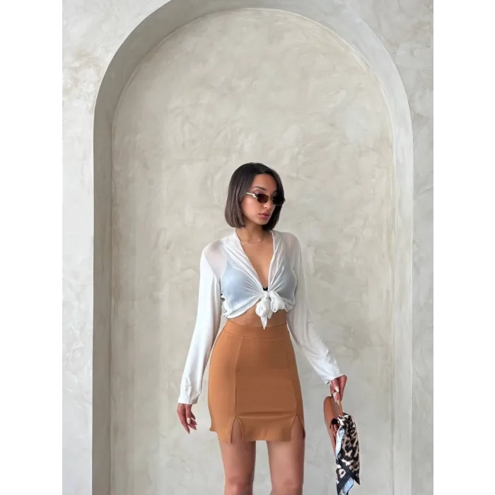 Çift yırtmaçlı etek camel s25910