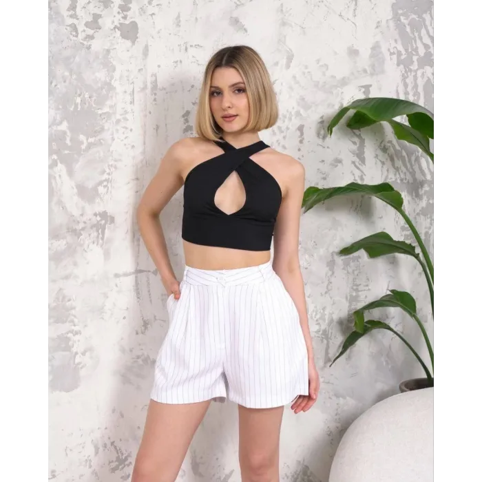 Çizgili düğmeli şort beyaz s2551251