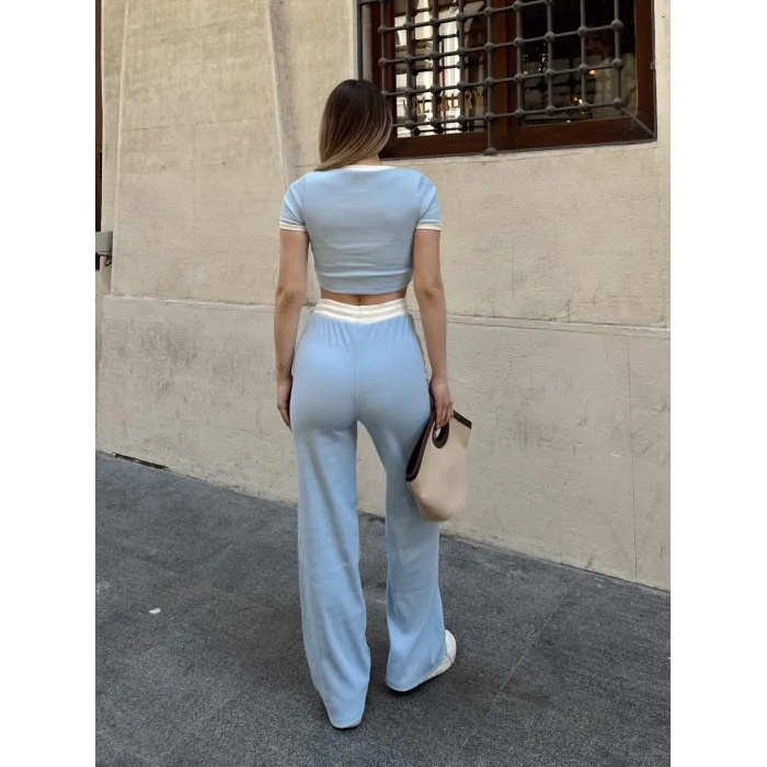 Crop pantolon biyeli takım mavi