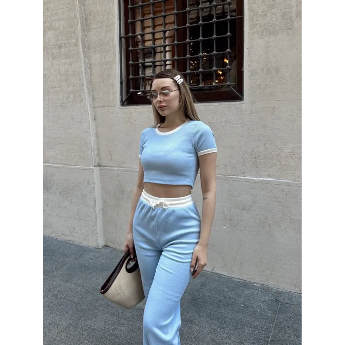 Crop pantolon biyeli takım mavi