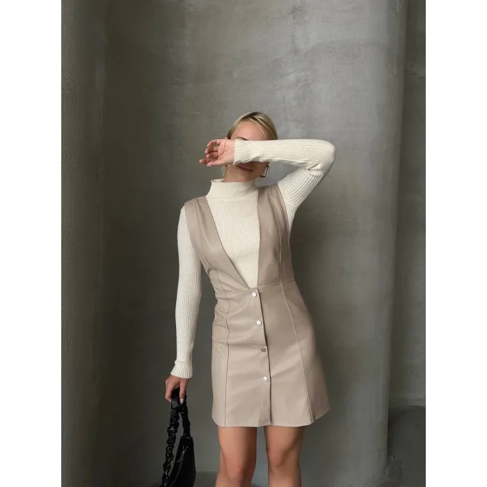 Deri jile elbise bej w24796