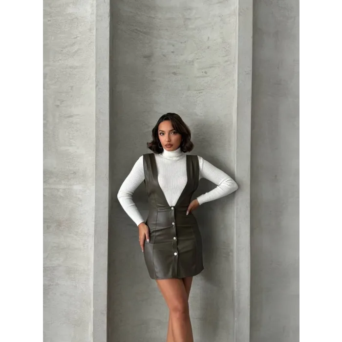 Deri jile elbise haki w24796