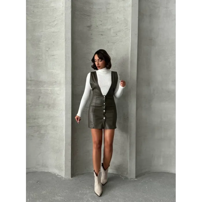 Deri jile elbise haki w24796