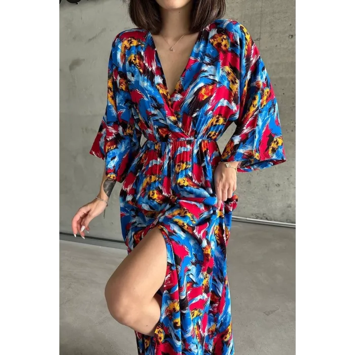 Dokuma baskılı yarasa kol elbise s8124