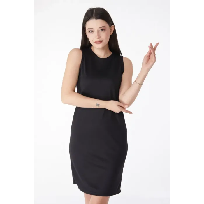 Düz Bisiklet Yaka Kadın Siyah Mini Elbise