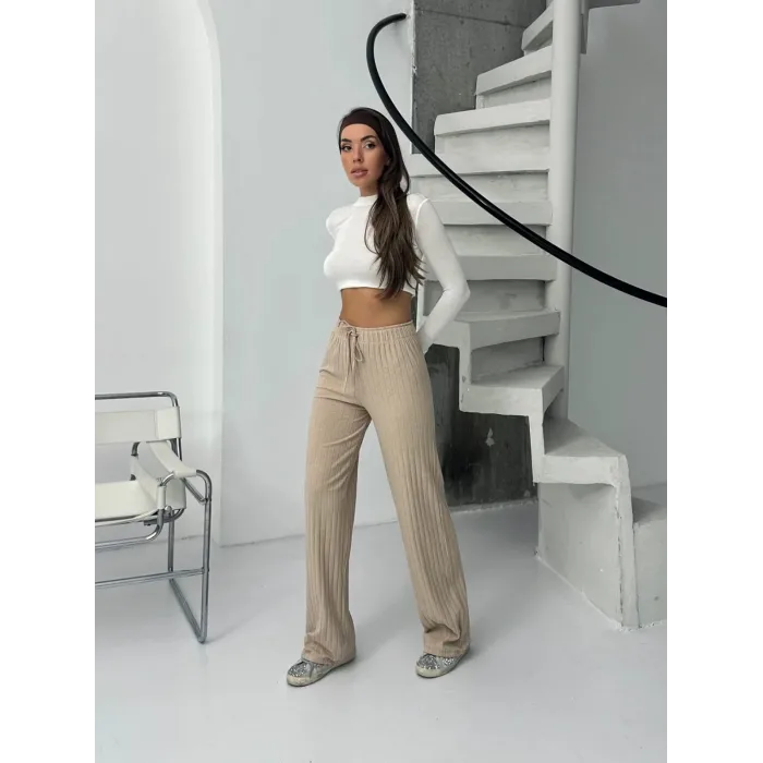 Fitilli şardonlu pantolon bej a4058