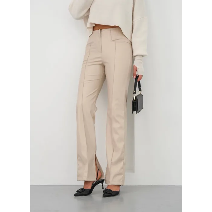 İspanyol yırtmaçlı paça deri pantolon bej hn