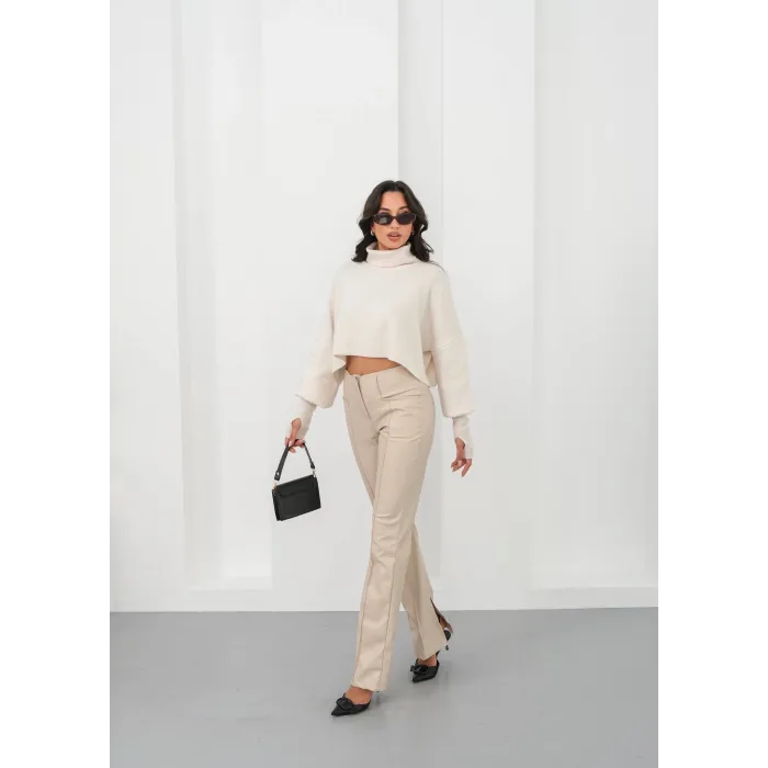 İspanyol yırtmaçlı paça deri pantolon bej hn