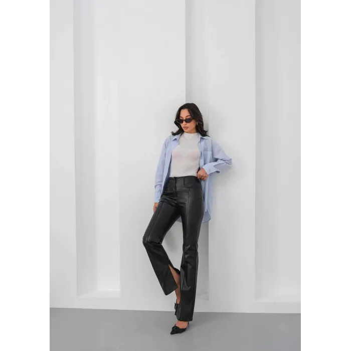 İspanyol yırtmaçlı paça deri pantolon siyah hn