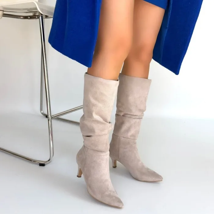 İwon Bej Süet Körüklü Çizme