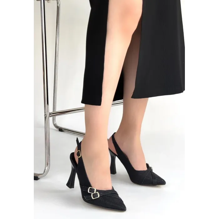 Jedda Siyah Simli Cilt Topuklu Ayakkabı