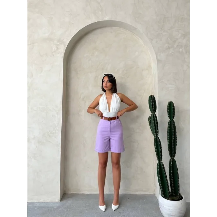 Kemerli gabardin şort lila s25735