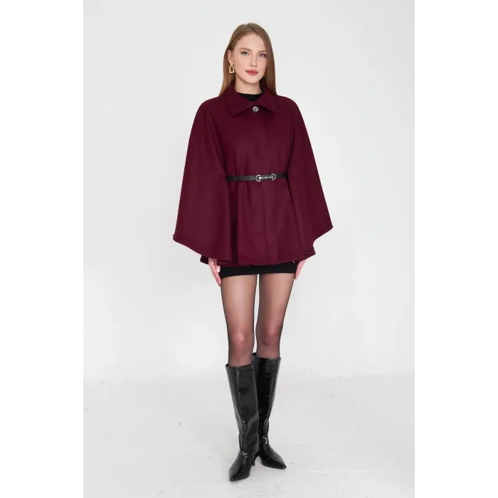 Kemerli kaşe panço bordo pt