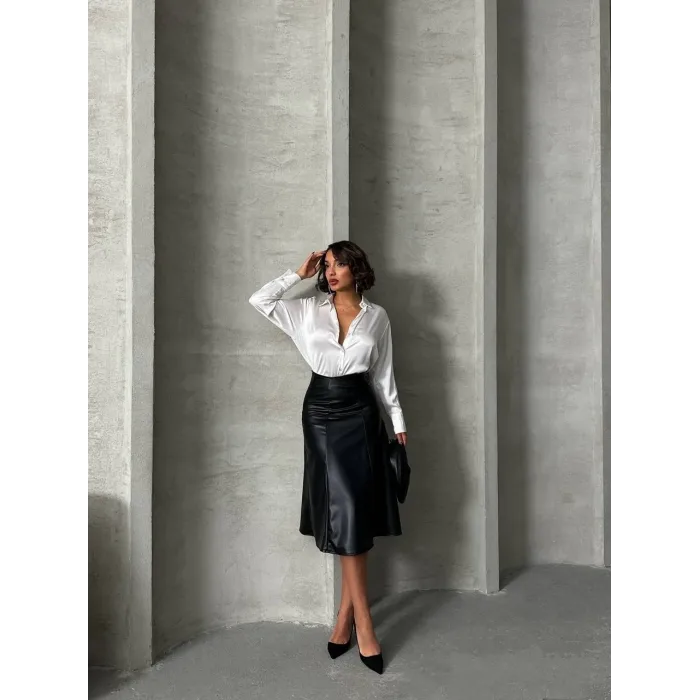 Komple parçalı deri etek siyah h26441