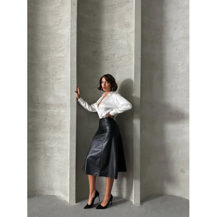 Komple parçalı deri etek siyah h26441