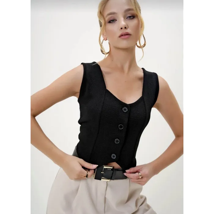 Krep kumaş düğmeli yelek siyah s3395