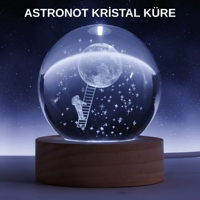 Lazer İşlemeli 3D Astronot Kristal Küre LED Işıklı Uzay Temalı Gece Lambası
