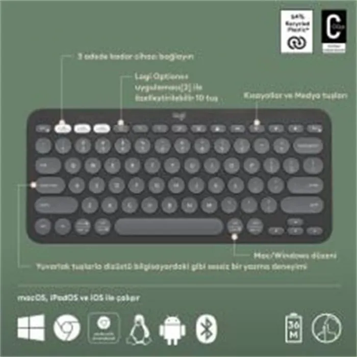 LOGITECH K380S PEBBLE KEYS 2 ÇOKLU CİHAZ ÖZELLİKLİ BLUETOOTH TÜRKÇE Q KLAVYE GRİ 920-011859