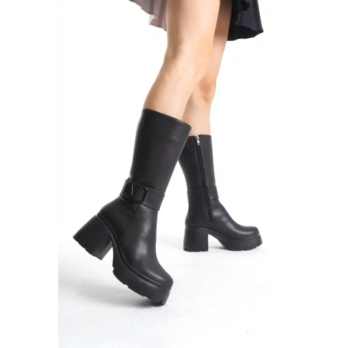 Moki Siyah Cilt Topuklu Çizme