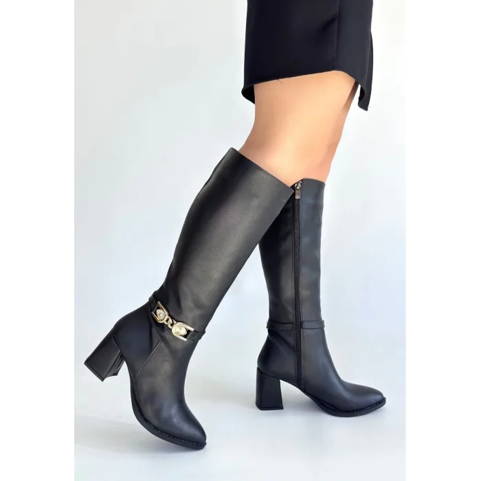 Mooni Siyah Cilt Topuklu Çizme