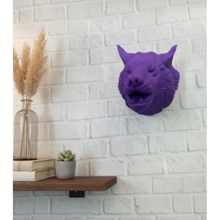 Mor Renk 3D Kurt Başı Duvar Dekoru Asılabilir Maskot Heykel 25x19 cm