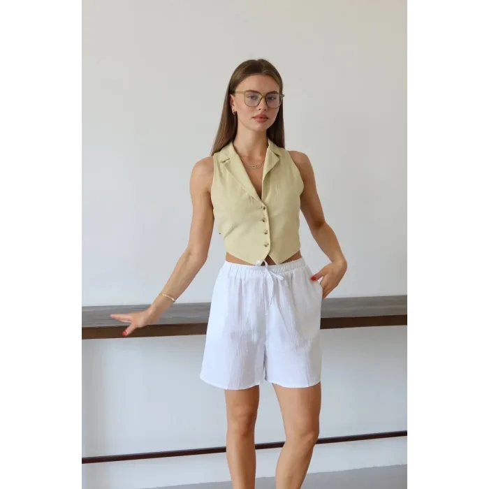 Müslin kumaş şort bağcıklı beyaz pt