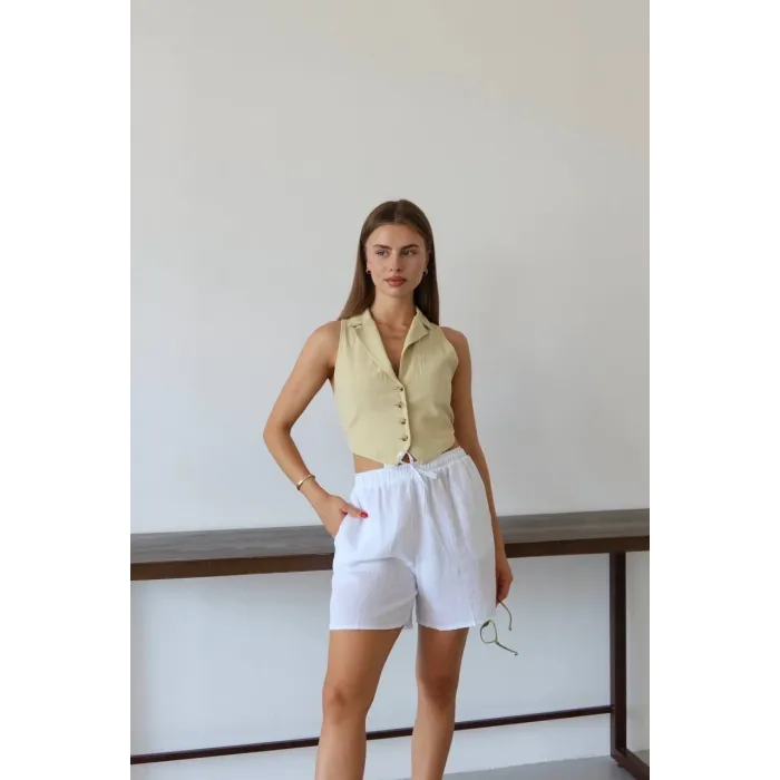 Müslin kumaş şort bağcıklı beyaz pt