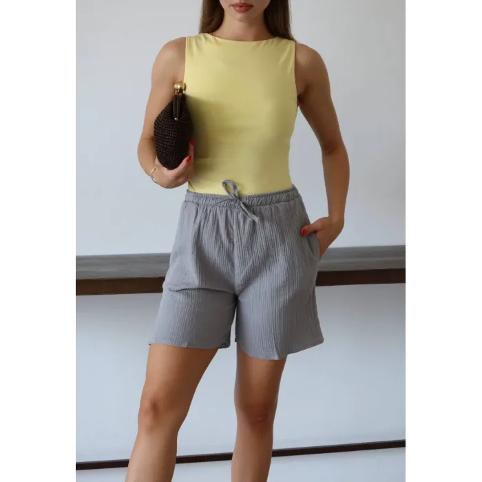 Müslin kumaş şort bağcıklı gri pt