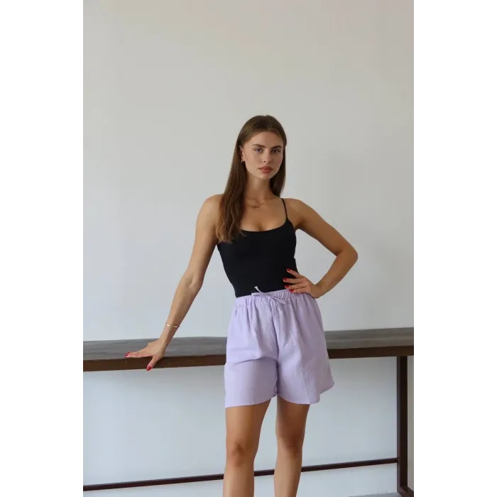 Müslin kumaş şort bağcıklı lila pt