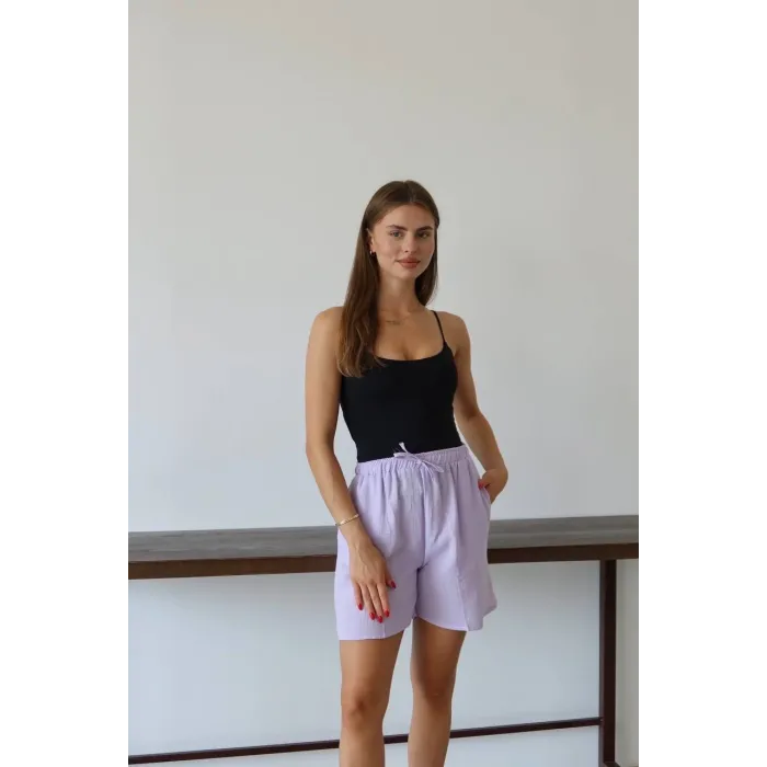 Müslin kumaş şort bağcıklı lila pt