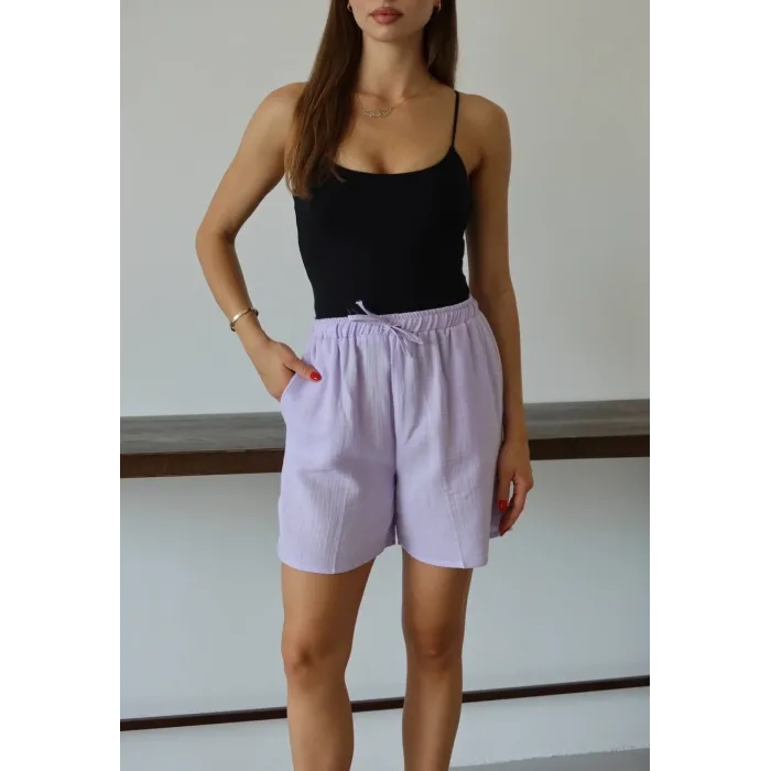 Müslin kumaş şort bağcıklı lila pt
