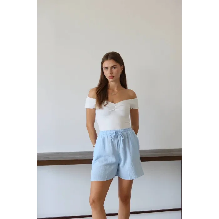 Müslin kumaş şort bağcıklı mavi pt