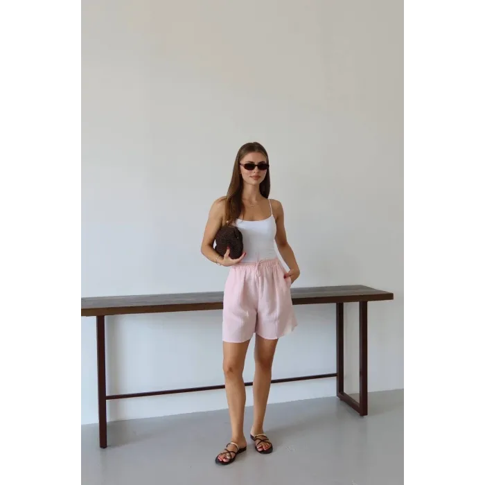 Müslin kumaş şort bağcıklı pembe pt