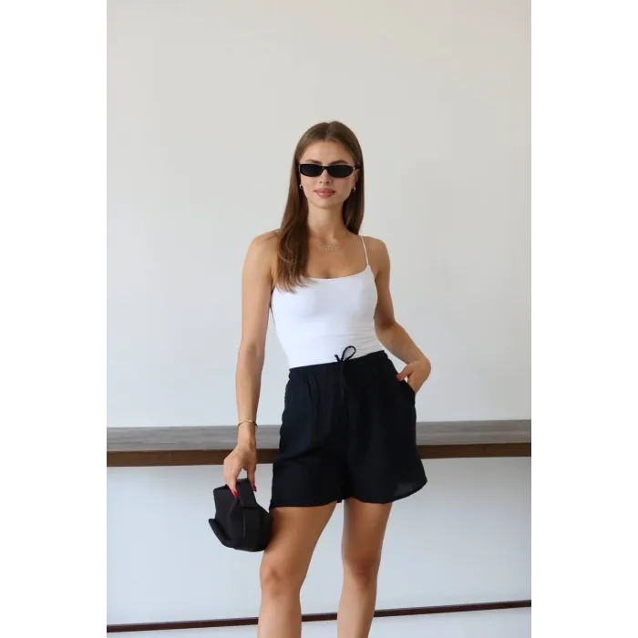 Müslin kumaş şort bağcıklı siyah pt