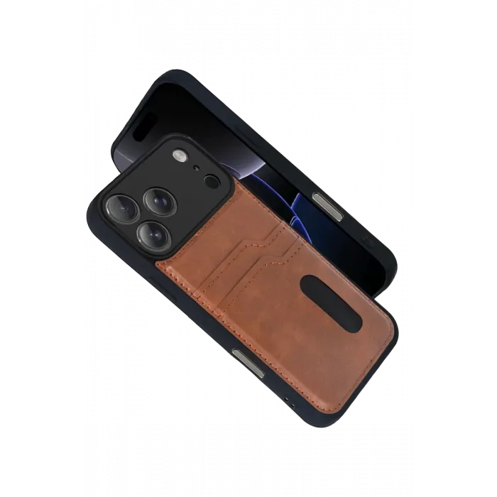 Newface Apple iPhone 17 Pro Sara Kartvizitli Deri Kılıf - Taba