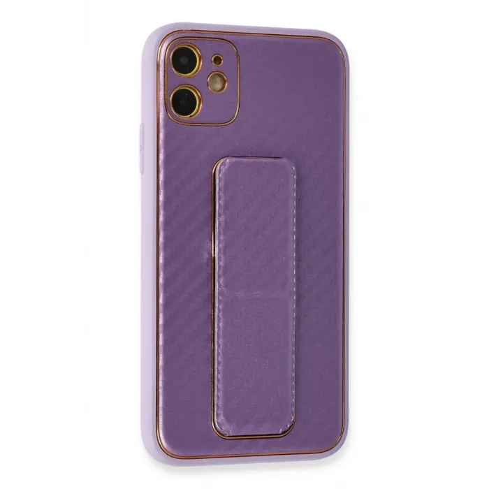 Newface iPhone 12 Kılıf Coco Karbon Standlı Kapak - Mor