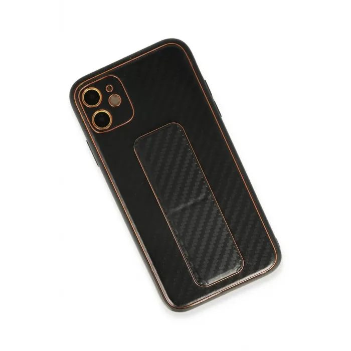 Newface iPhone 12 Kılıf Coco Karbon Standlı Kapak - Siyah